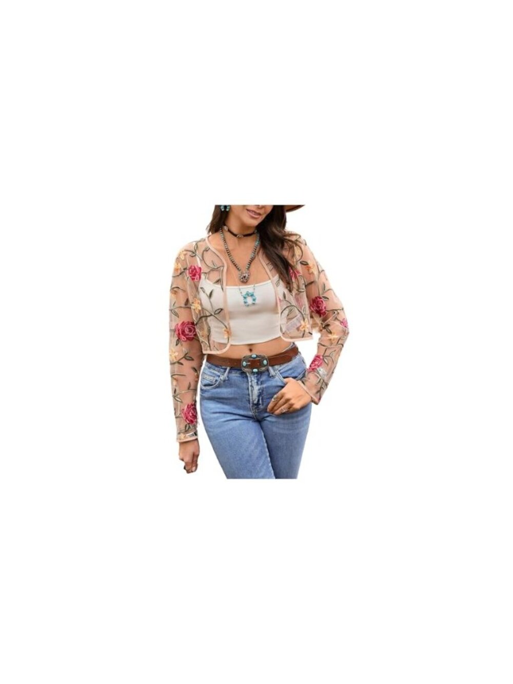 Women's Floral Embroidered Sheer Bolero Open Front Crop Jackets - Picture 8 of 8